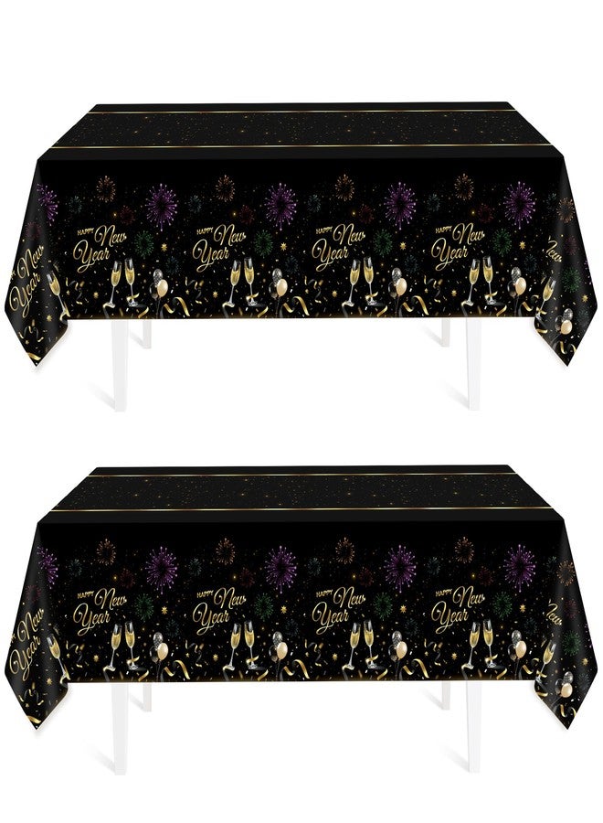 Childom 2 Pack Happy New Year Tablecloths,Happy New Years Decorations 2026,Disposable Rectangular Tablecloths Plastic 54"x108",Black and Gold Table Cloth for Home Dining Outdoor Holiday Party Supplies - Image 1