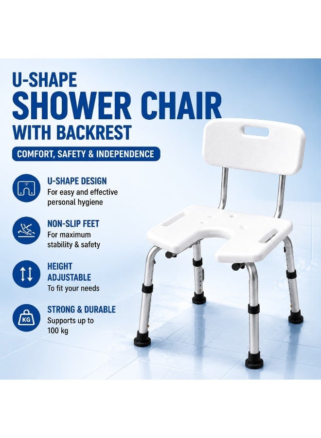 U-Shaped Shower Chair With Backrest, Adjustable Height, Non-Slip Seat, Armrests and Bath Stool for Seniors - Image 1