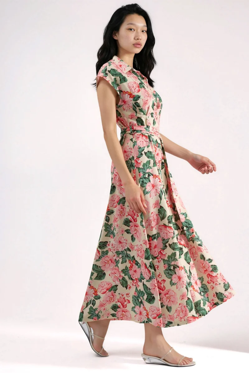Hiccup Pink Patterned Midi Shirt Dress with Button Closure for Women | Best Price UAE