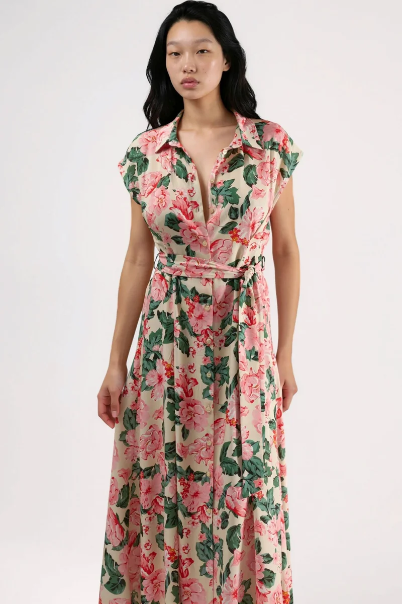 Hiccup Pink Patterned Midi Shirt Dress with Button Closure for Women | Best Price UAE