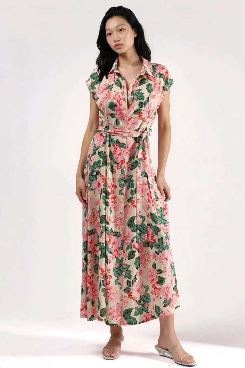 Hiccup Pink Patterned Midi Shirt Dress with Button Closure for Women | Best Price UAE