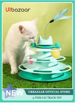 URbazaar Interactive Cat Toy for Indoor Cats,4-Level Turntable Cat Toy Balls with 3 Colorful Balls,Circular Track Cat Roller Toy with Cat Feather Wand,Suitable for Kittens Hunting/Chasing/Exercising (Green)  - Image 1