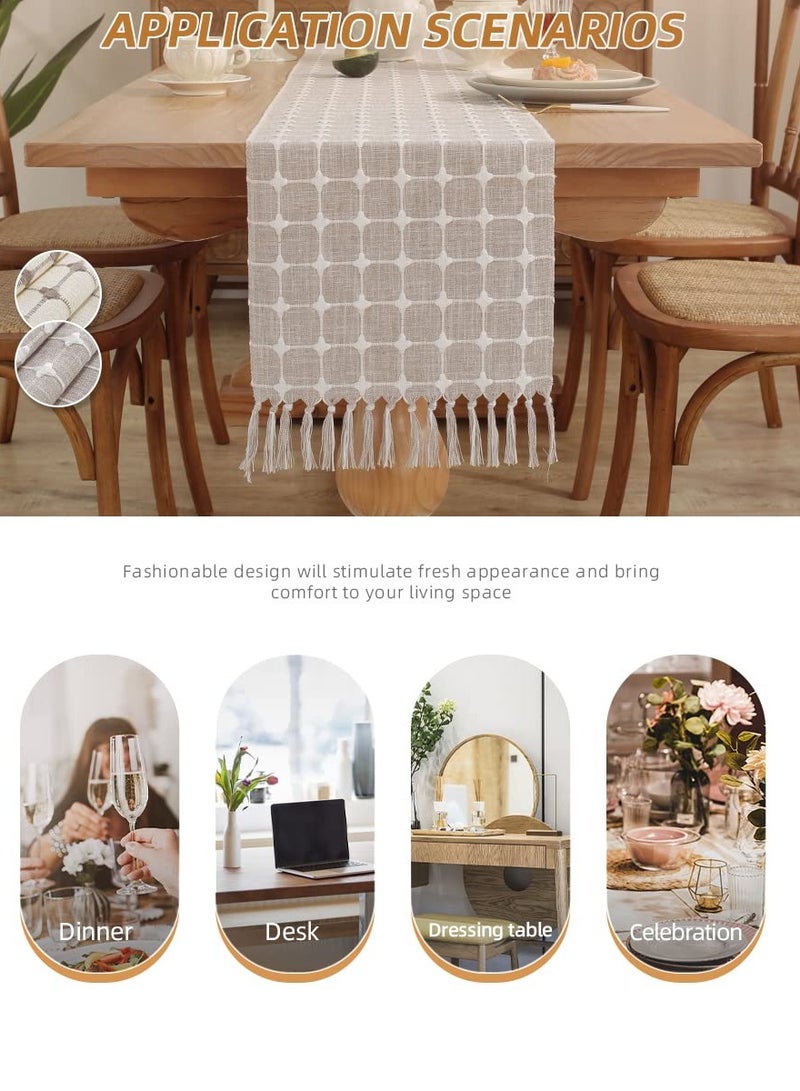 Excefore Table Runner Boho Style, Burlap Linen Handmade Rustic Table Runner, 72 Inches Long Coffee Table Runner for Dining Party Holiday, Decorative for Home Dining Tea Kitchen (Khaki Check, 13*72 Inch) - Image 4