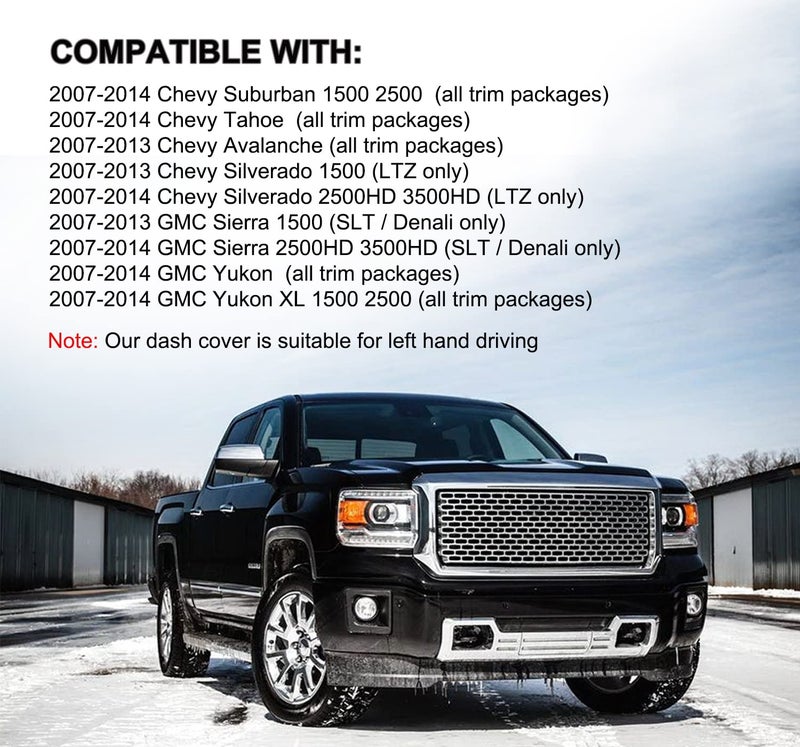 Yiz غطاء لوحة القيادة مناسب ل 2007-2014 GMC يوكون سييرا SLT دينالي، 2007-2013 شيفروليه سيلفرادو 1500 2500HD 3500HD LTZ/أفالانش/سابربان، 07-14 تاهو، سجادة لوحة القيادة (أسود) - Image 2