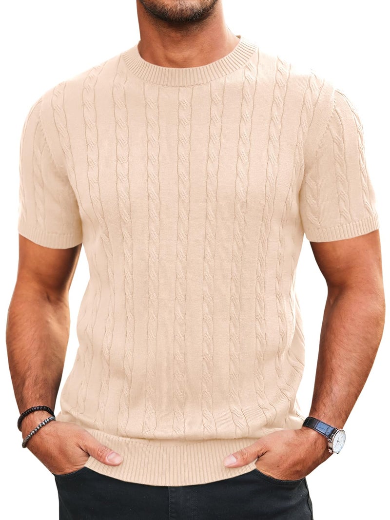 Runcati Mens Knit Short Sleeve T Shirts Casual Crewneck Slim Fit Shirt Cable Knitted Stretch Pullover Tees Beige - Image 1