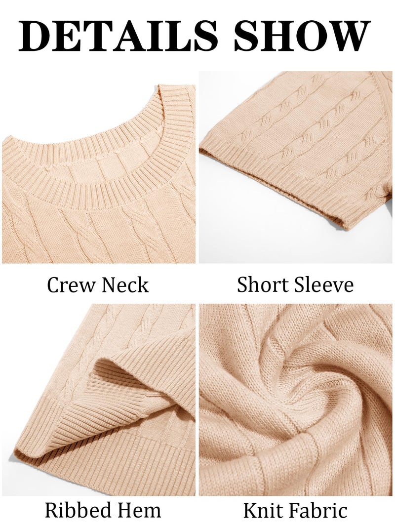 Runcati Mens Knit Short Sleeve T Shirts Casual Crewneck Slim Fit Shirt Cable Knitted Stretch Pullover Tees Beige - Image 5