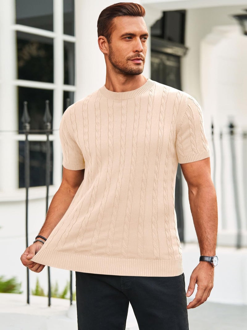 Runcati Mens Knit Short Sleeve T Shirts Casual Crewneck Slim Fit Shirt Cable Knitted Stretch Pullover Tees Beige - Image 3