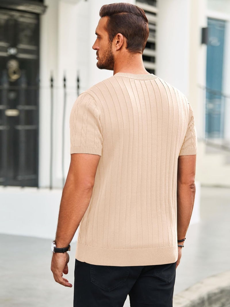 Runcati Mens Knit Short Sleeve T Shirts Casual Crewneck Slim Fit Shirt Cable Knitted Stretch Pullover Tees Beige - Image 4