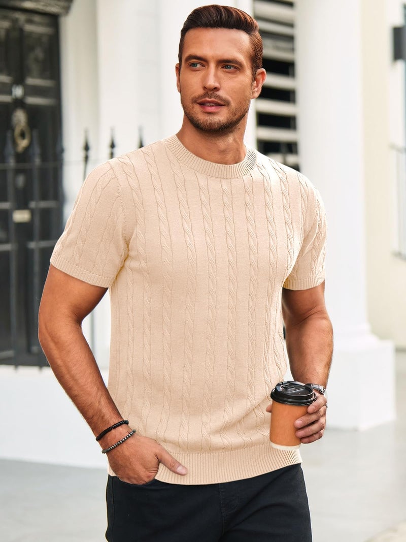 Runcati Mens Knit Short Sleeve T Shirts Casual Crewneck Slim Fit Shirt Cable Knitted Stretch Pullover Tees Beige - Image 2