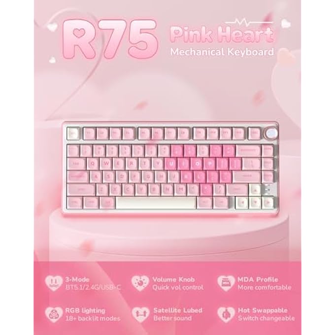 rayihni R75 75% WIRELESS MECHANICAL KEYBOARD, HOT SWAPPABLE CREAMY KEYBOARD, PRE-LUBED LINEAR SWITCHES, 2.4GHZ/TYPE-C/BT5.0, RGB BACKLIT GAMING KEYBOARDS, MDA PROFILE, PINK - Image 2