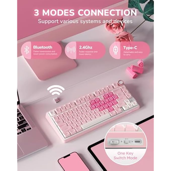 rayihni R75 75% WIRELESS MECHANICAL KEYBOARD, HOT SWAPPABLE CREAMY KEYBOARD, PRE-LUBED LINEAR SWITCHES, 2.4GHZ/TYPE-C/BT5.0, RGB BACKLIT GAMING KEYBOARDS, MDA PROFILE, PINK - Image 3