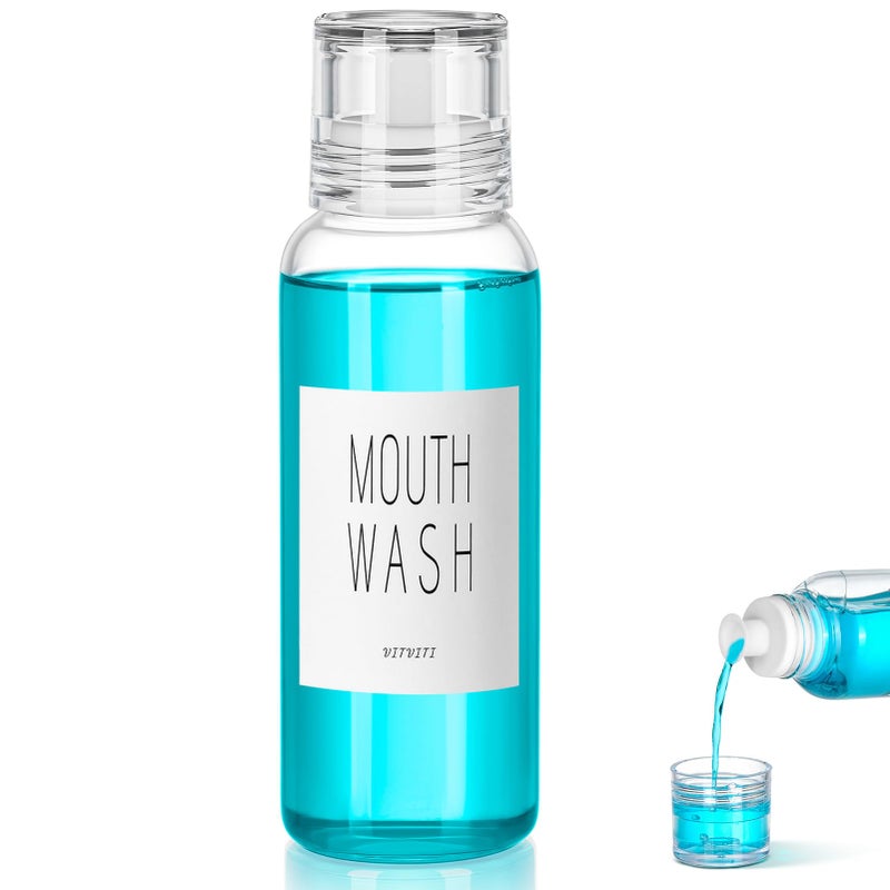 VITVITI Glass Mouthwash Dispenser for Bathroom, 10 OZ Mouth Wash Container Bottle with Lid Cup, Countertop Small Clear Refillable Mouthwash Dispensers Decanter (White) - Image 1