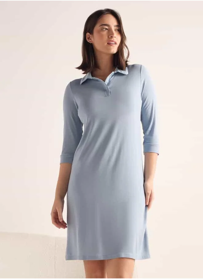 فاف Solid Night Dress with Polo Collar and 3/4 Sleeves