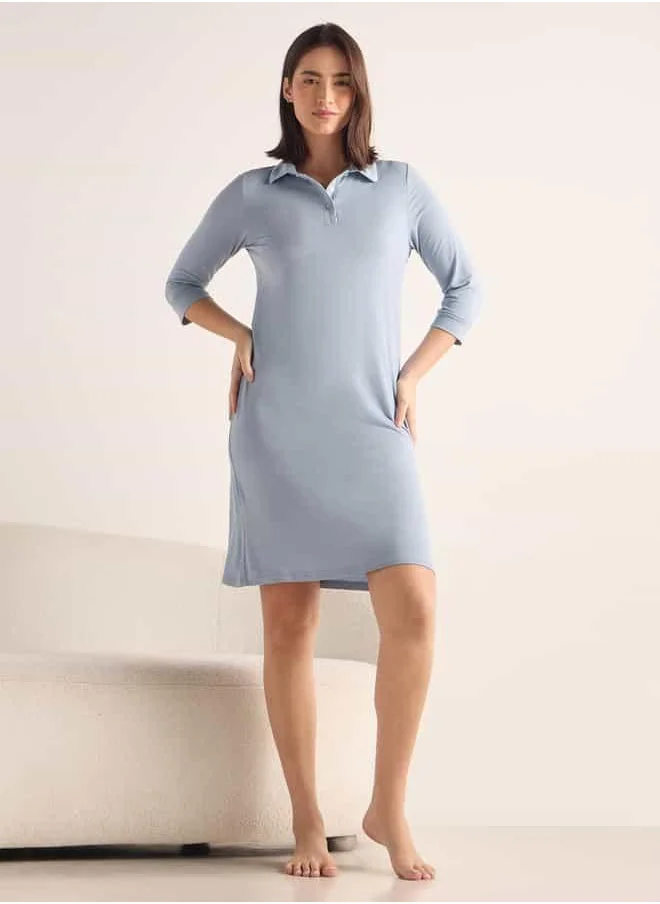 فاف Solid Night Dress with Polo Collar and 3/4 Sleeves