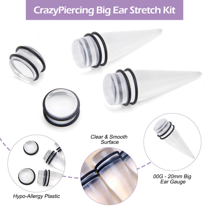 Crazypiercing Big Ear Gauges Kit 24 Pieces Acrylic Tapers and Plugs Double O-Rings Stretching Set - Image 3