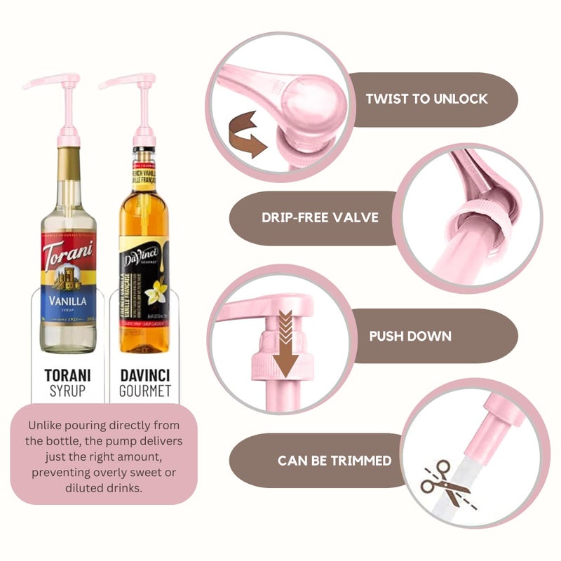 PERMINKS Syrup Pump Compatible with Torani, Davinci and Skinny (Set of 2) - fits Bottles (25.4 oz-750ml) (Pink) - Image 3