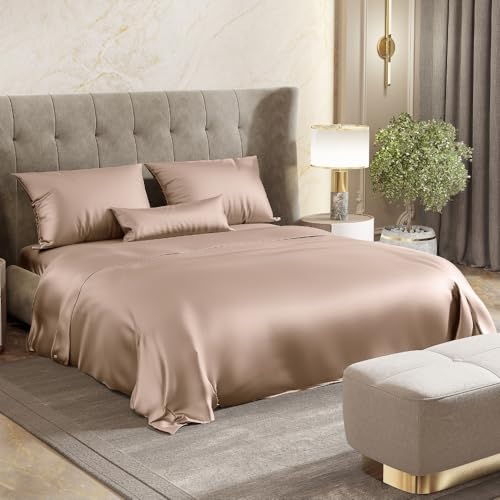 haus & kinder Satin Bedsheets Queen Size Bed, 300 TC Premium Satin Bed Sheet Double Bed, 100 X 90 Inches Queen Size Satin Bedsheet with 2 Pillow Covers -Golden Sand - Image 1