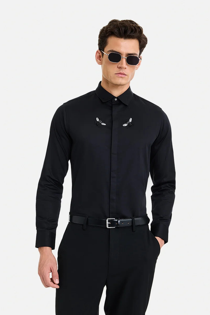 SNITCH Black Embroidered Long Sleeve Slim Fit Formal Luxe Shirt