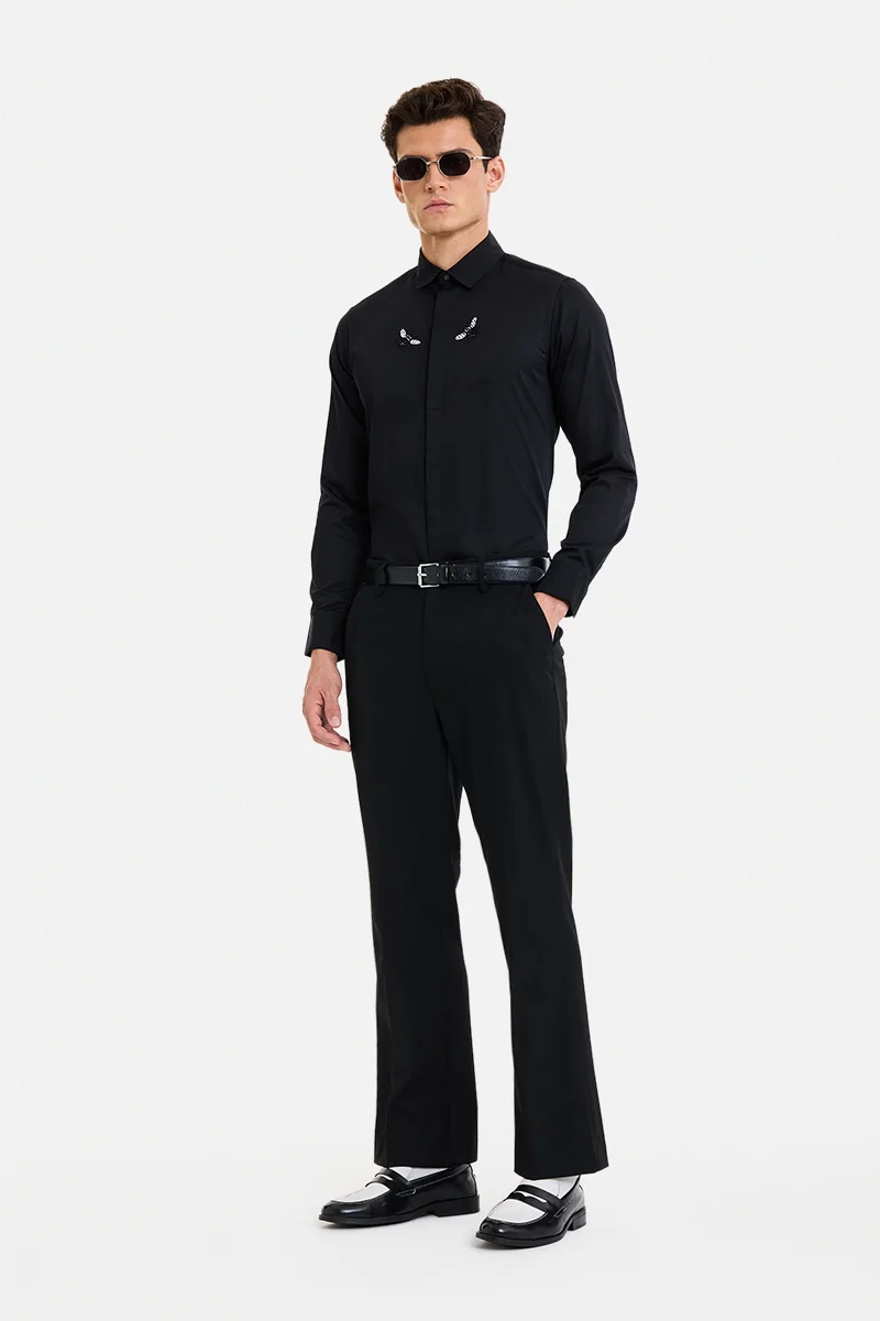 SNITCH Black Embroidered Long Sleeve Slim Fit Formal Luxe Shirt