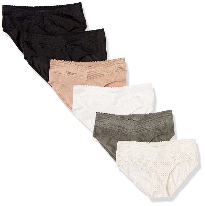 Warners Blissful Benefits Women's Dig-Free Comfort Waist with Lace Cotton Hipster Panties 6-Pack, Toasted Almond/Black/White/Bodytone Polda Dot/Stone Crystal Web/Black, XL