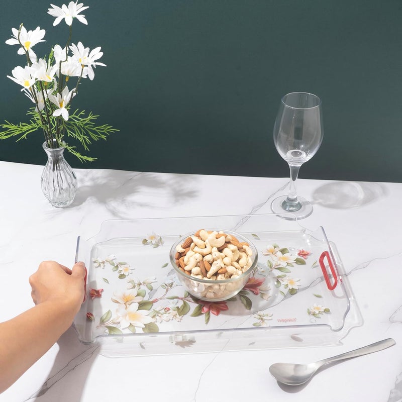 NAYASA Modern Plastic Rectangular Serving Tray Set of 3, Small, Medium & Large | Durable Multipurpose Kitchen Tray for Tea, Coffee, Snacks, Fruits & Desserts | Transparent Red - Image 2