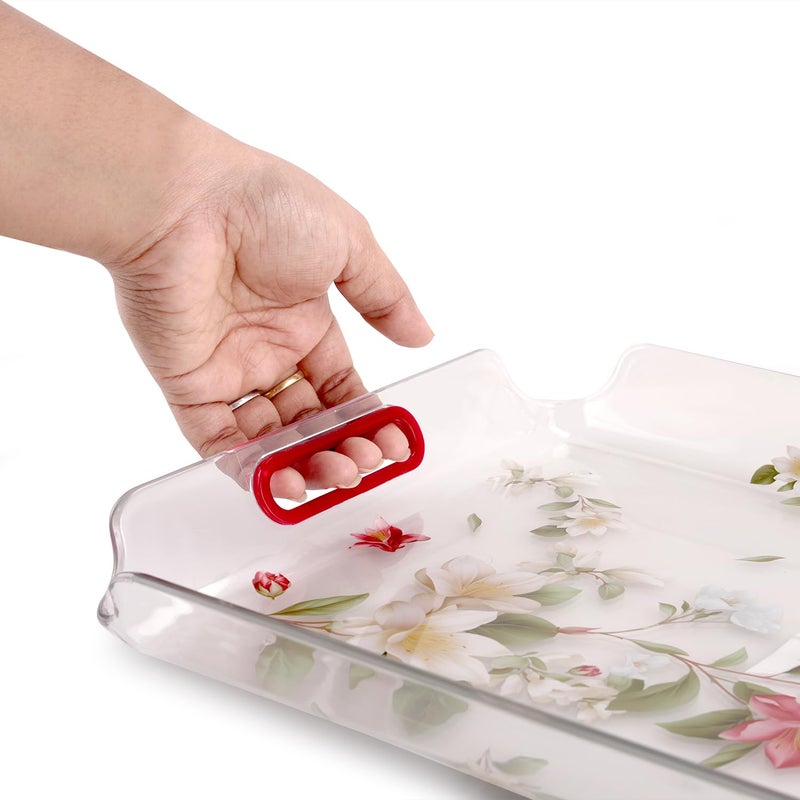 NAYASA Modern Plastic Rectangular Serving Tray Set of 3, Small, Medium & Large | Durable Multipurpose Kitchen Tray for Tea, Coffee, Snacks, Fruits & Desserts | Transparent Red - Image 5