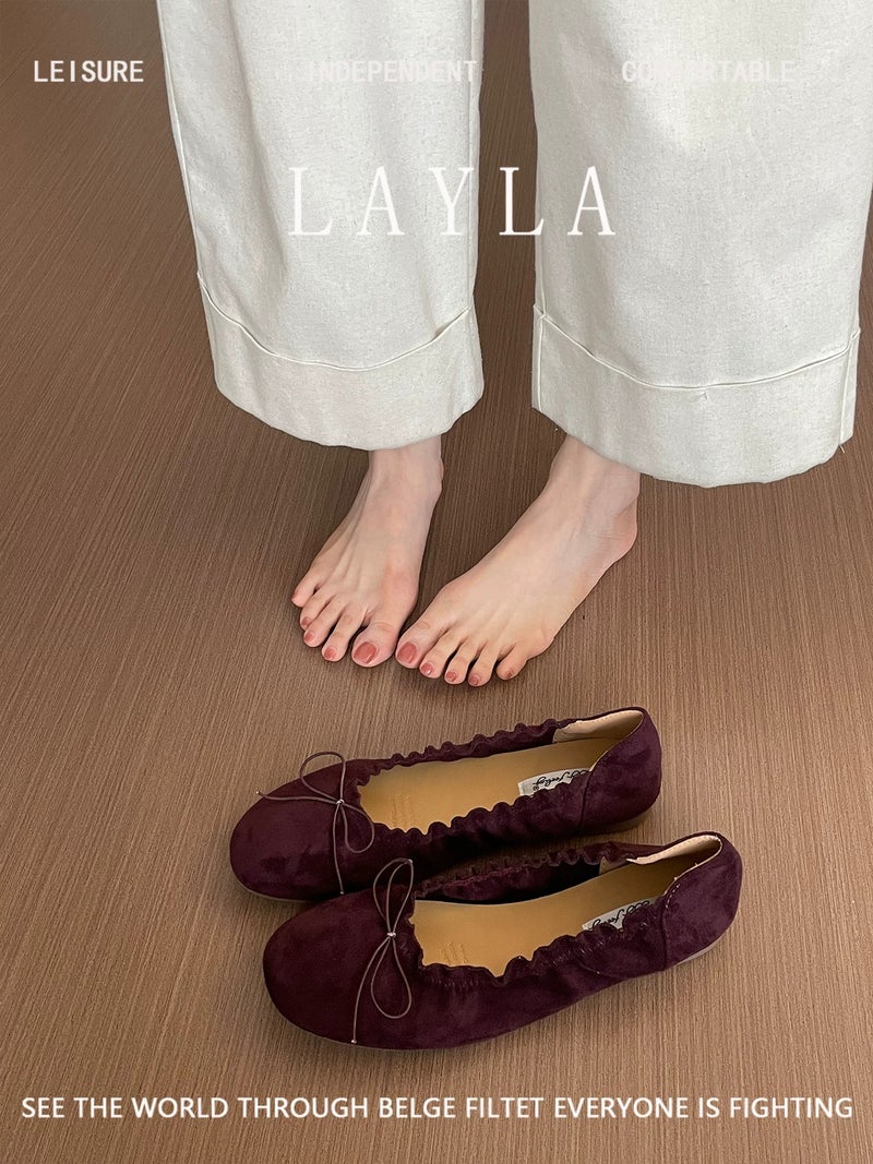 Women's Soft Sole Ballet Flats with Bow - 2026 Spring Autumn New Arrival Suede Round Toe Elegant Versatile Shoes