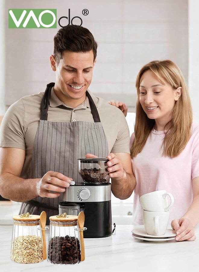 فاو دو 2 قطعة من أوعية السكر، حاوية سكر، علبة قهوة زجاجية، وعاء محكم الغلق لتخزين الطعام مع غطاء وملعقة، وعاء حلوى، ملحقات بار القهوة، تخزين حبوب البن المجففة المخروطية - Image 2