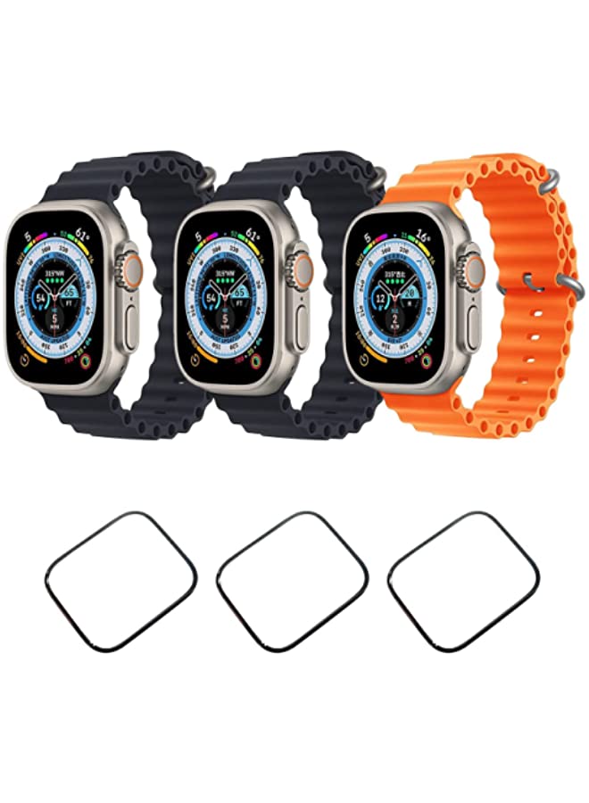 IAF Silicone Ocean Band Strap for Apple Watch Ultra 8 49mm Black,Black and Orange Set of 3 with 3* 49mm Watch glass