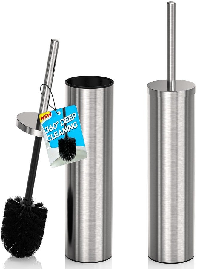 DOWRY Stainless Steel Toilet Bowl Brush and Holder for Bathroom, Deep Cleaning Toilet Brush and Holder Set with Long Handle, Hidden Toilet Bowl Brush with 2 Heads,Modern Decor Nickel Round 2PCS - Image 1