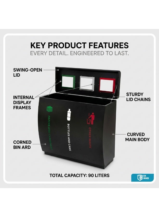 EK Bins Iron Recycling Bin with Galvanized Inner Compartments | 3 Top Opening Waste Segregation Bin for Paper, Bottles, Cans and Other Waste | Indoor Commercial Recycling Station | 90 L | Black - Image 3
