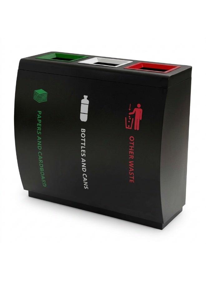 EK Bins Iron Recycling Bin with Galvanized Inner Compartments | 3 Top Opening Waste Segregation Bin for Paper, Bottles, Cans and Other Waste | Indoor Commercial Recycling Station | 90 L | Black - Image 1