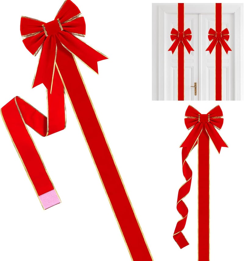 Canlierr 2 قطع شريط باب خزانة عيد الميلاد مع رباط كبير أحمر 8 × 80 شريط كتان مع حافة ذهبية زينة باب أمامي لمناسبات عيد الميلاد واحتفالات الحفلات - Image 1