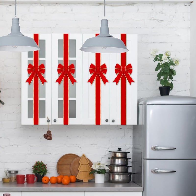 Canlierr 2 قطع شريط باب خزانة عيد الميلاد مع رباط كبير أحمر 8 × 80 شريط كتان مع حافة ذهبية زينة باب أمامي لمناسبات عيد الميلاد واحتفالات الحفلات - Image 3