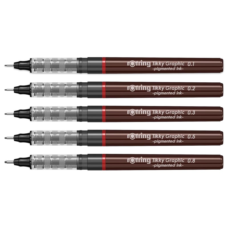 Rotring قلم تكي 0.1 مم، 0.2 مم، 0.3 مم، 0.5 مم، 0.8 مم بسماكة خط مع حبر أسود مقاوم للماء وثابت للضوء لرسومات طويلة الأمد، رسم، غير قابل لإعادة التعبئة، مجموعة 5 أقلام - Image 1