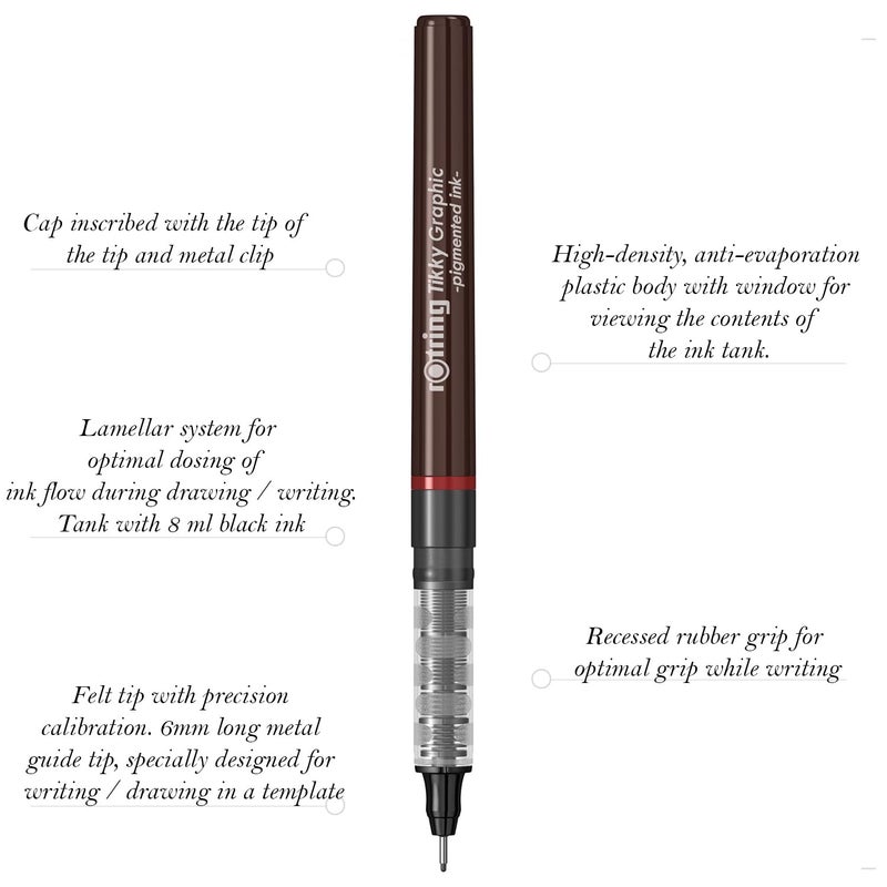 Rotring قلم تكي 0.1 مم، 0.2 مم، 0.3 مم، 0.5 مم، 0.8 مم بسماكة خط مع حبر أسود مقاوم للماء وثابت للضوء لرسومات طويلة الأمد، رسم، غير قابل لإعادة التعبئة، مجموعة 5 أقلام - Image 2