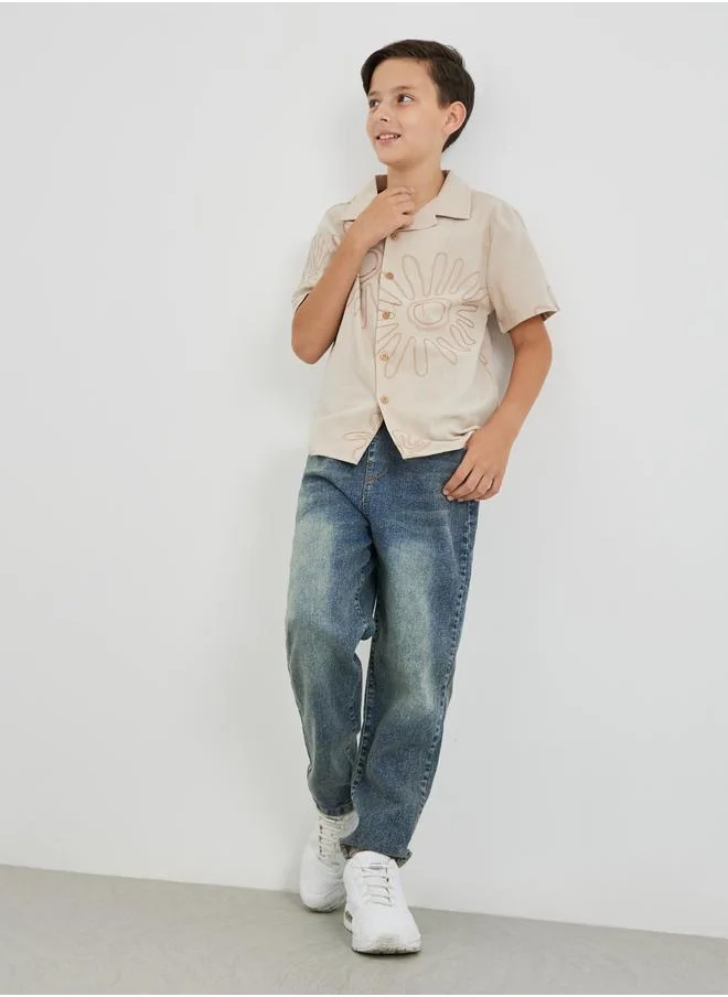 Styli Styli Embroidered Resort Collar Short Sleeve Shirt