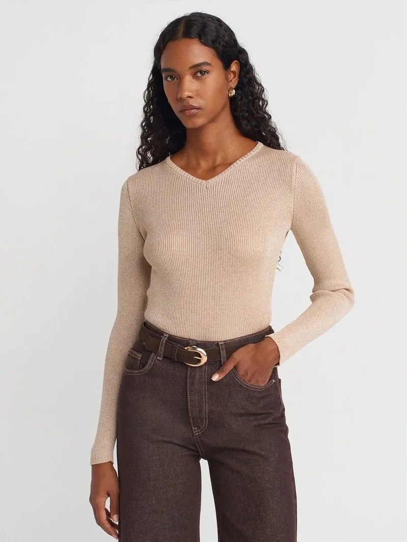 ديلفين Dilvin Women's Slim Fit V-Neck Ribbed Sweater