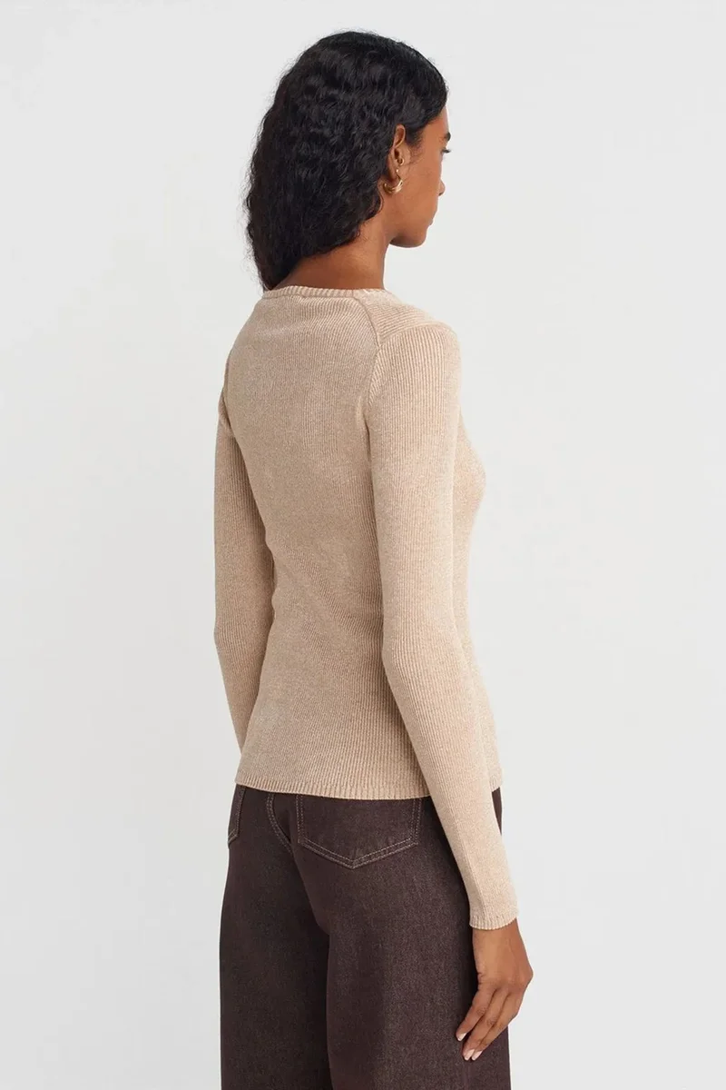 Dilvin Beige Natural DILVIN Women's Slim Fit V-Neck Ribbed Sweater for Women | Best Price UAE