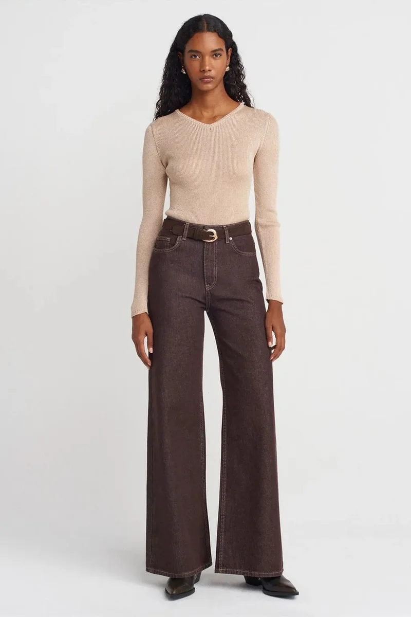 Dilvin Beige Natural DILVIN Women's Slim Fit V-Neck Ribbed Sweater for Women | Best Price UAE