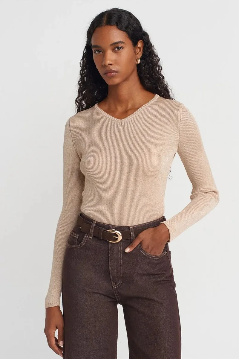 DILVIN Women's Slim Fit V-Neck Ribbed Sweater