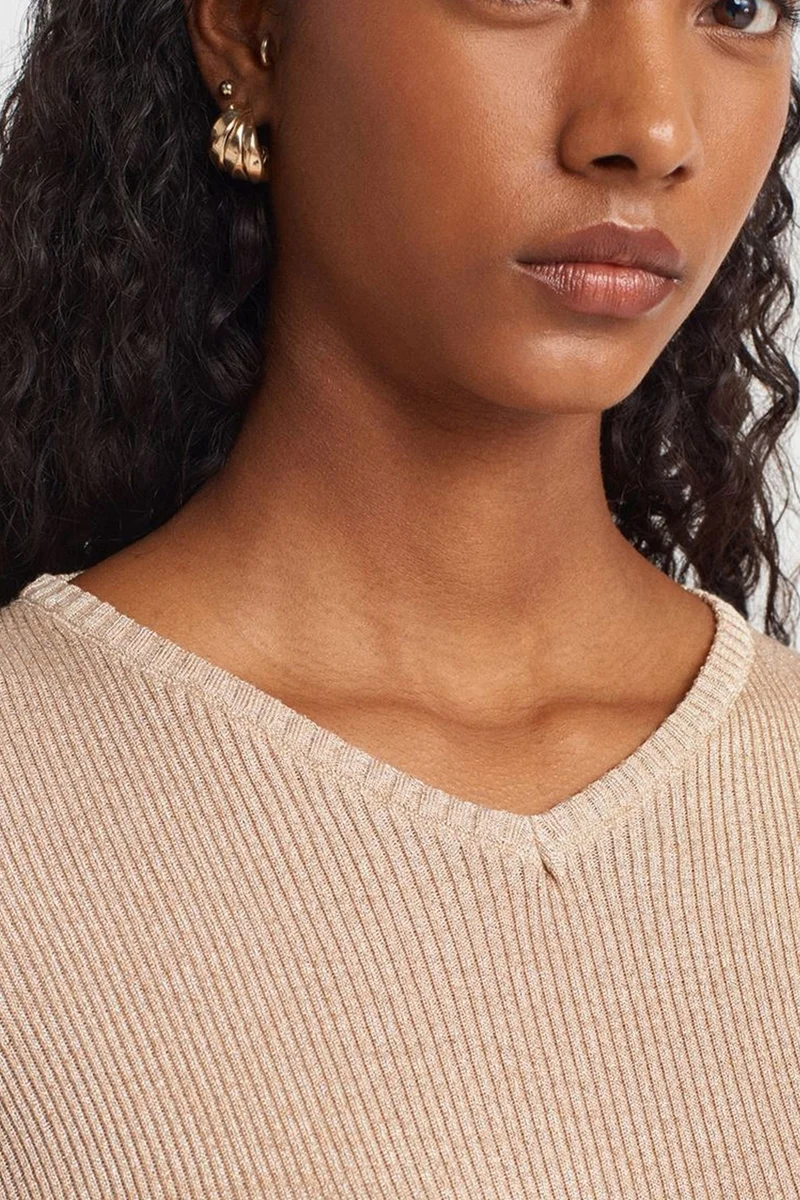 Dilvin Beige Natural DILVIN Women's Slim Fit V-Neck Ribbed Sweater for Women | Best Price UAE