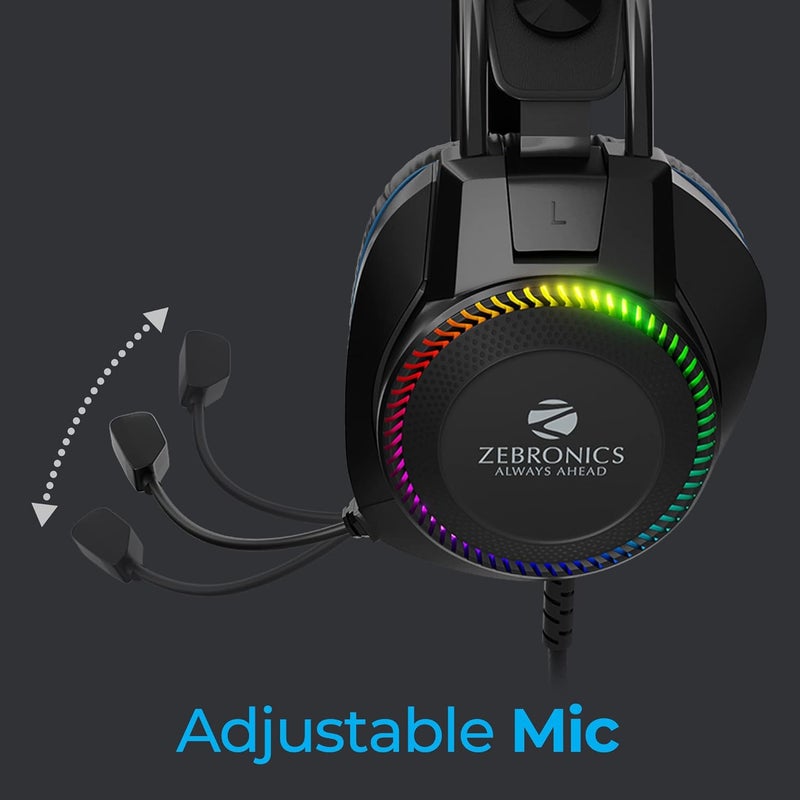 ZEBRONICS سماعات رأس للألعاب سلكية من جيت بريميوم مع إضاءة LED للأكواب، محركات نيوديميوم 40 مم، كابل مضفر بطول 2 متر، ميكروفون مرن، حزام رأس معلق، موصل 3.5 مم + USB (أسود + أزرق) - Image 5
