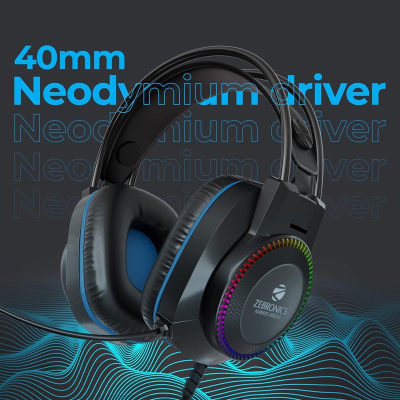 ZEBRONICS سماعات رأس للألعاب سلكية من جيت بريميوم مع إضاءة LED للأكواب، محركات نيوديميوم 40 مم، كابل مضفر بطول 2 متر، ميكروفون مرن، حزام رأس معلق، موصل 3.5 مم + USB (أسود + أزرق) - Image 2