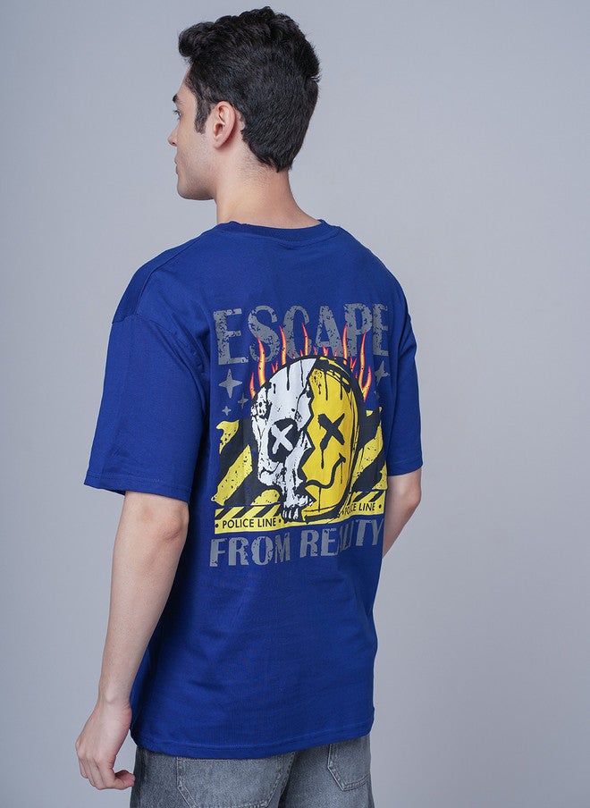 OUTLAWS Graphic Printed Round Neck Cotton Oversized T-shirt in Blue - Image 5