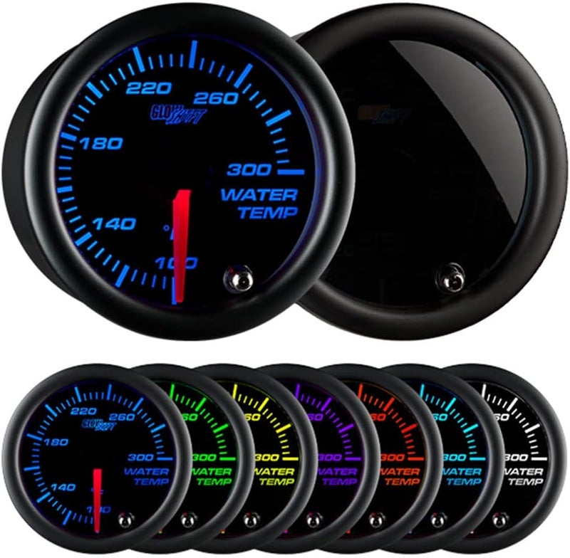 GLOWSHIFT Tinted 7 Color 300F Water Coolant Temperature Gauge Kit - Includes 1/8-27 NPT Electronic Sensor & Wiring - Multi-Color Display - Black Dial - Smoked Lens - for Car & Truck - 2-1/16" 52mm - Image 1