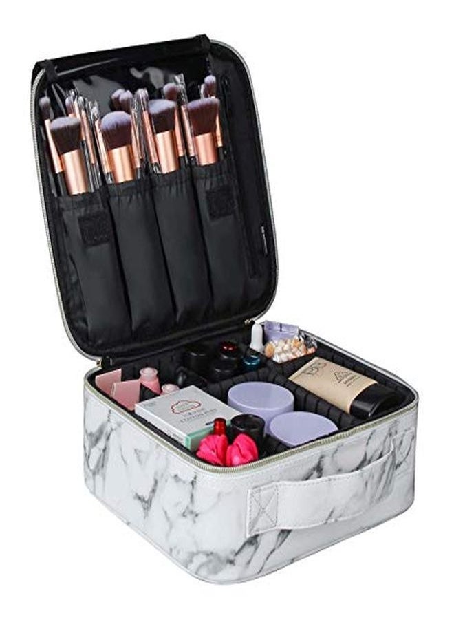 INOVERA (LABEL) - Pu Professional Cosmetic Makeup Kit Storage Organizer Travel Toiletry Vanity Bag With Adjustable Compartment, 26L X 23B X 9H Cm (White Marble) - Image 1