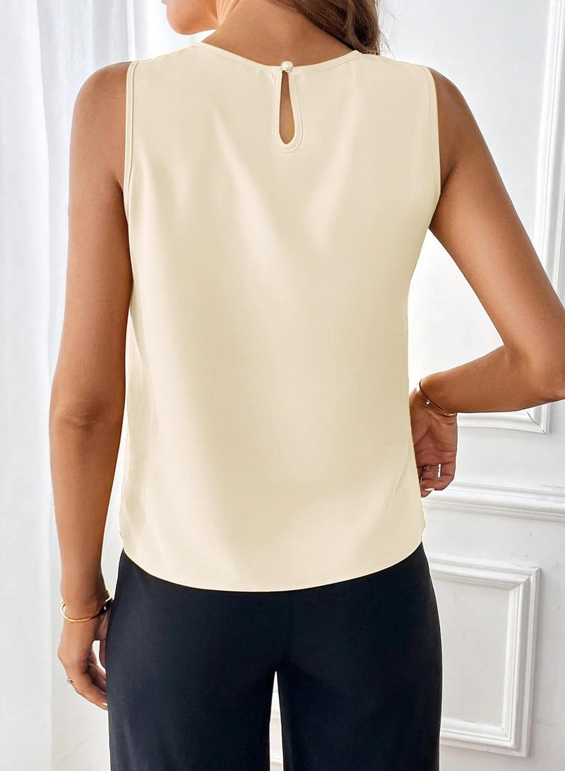 Samefar Loose Tank Tops for Women Pleated Crewneck Casual Loose Chiffon Blouses Sleeveless Tops Business Work Shirts Apricot Medium - Image 2