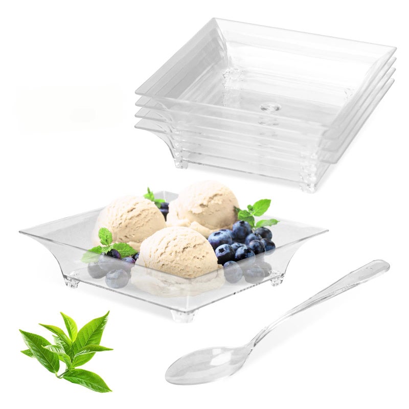 piopiocoing 100 Pack 1 oz mini Square Dessert Plates for Appetizersï¼ŒMini Plastic Plates with Spoonsï¼ŒReusable Square Small Party Serving Bowls for Trifle, Cheesecake, Ice cream - Image 1