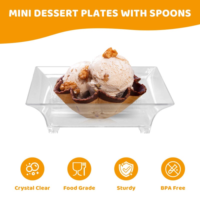 piopiocoing 100 Pack 1 oz mini Square Dessert Plates for Appetizersï¼ŒMini Plastic Plates with Spoonsï¼ŒReusable Square Small Party Serving Bowls for Trifle, Cheesecake, Ice cream - Image 3